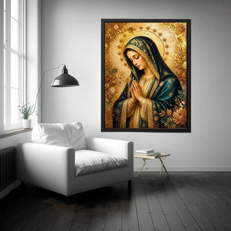 Celestial Madonna Gold Luxury Virgin Mary wall art with gold halo blue robe and celestial floral religious canvas painting pr