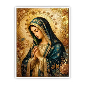 Celestial Madonna Gold Luxury Virgin Mary wall art with gold halo blue robe and celestial floral religious canvas painting pr