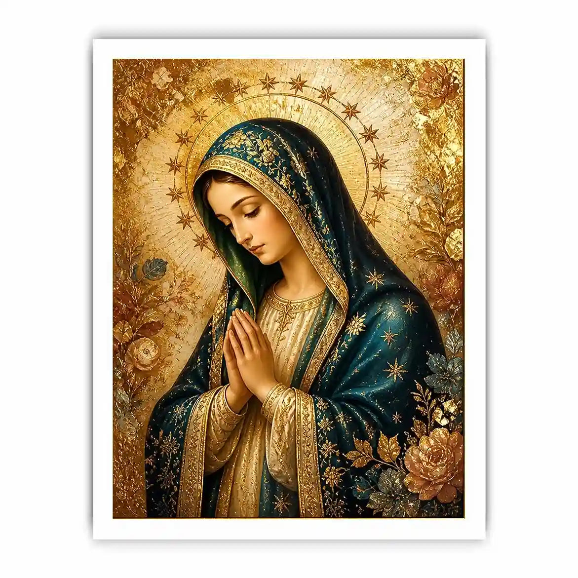 Celestial Madonna Gold Luxury Virgin Mary wall art with gold halo blue robe and celestial floral religious canvas painting pr