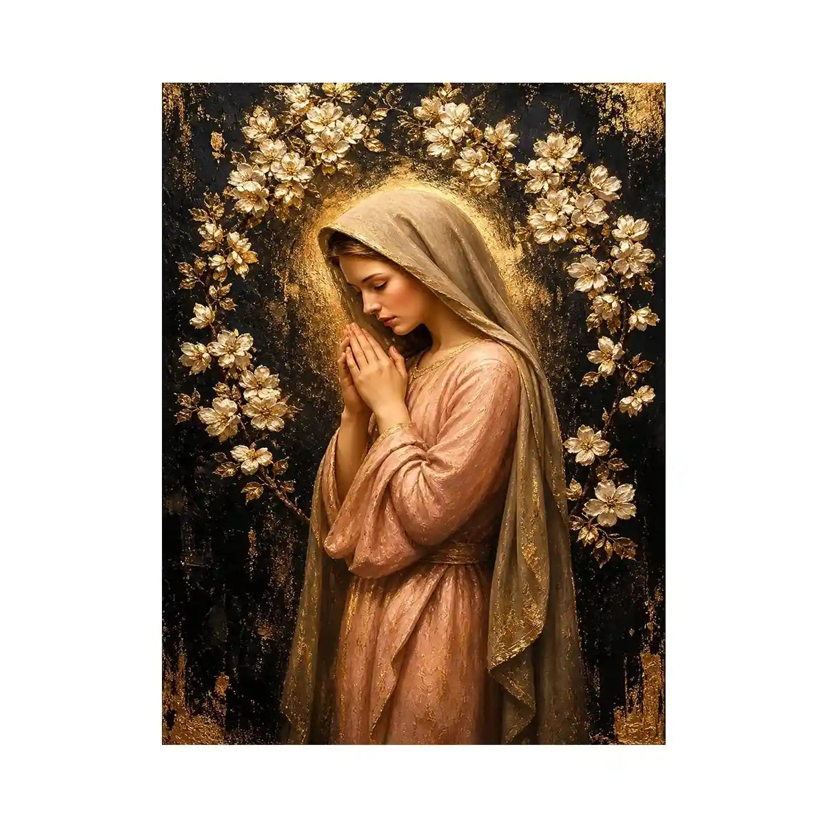 Golden Prayer Blossom Luxury praying woman wall art with gold floral halo and blush pink spiritual canvas painting premium ca