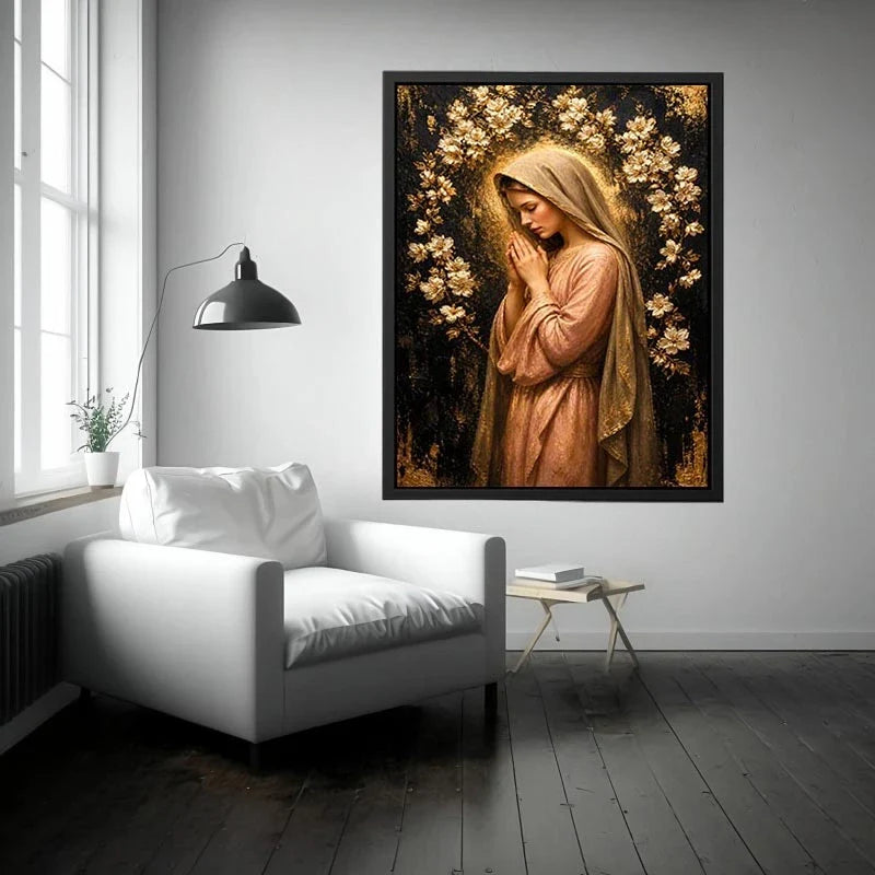 Golden Prayer Blossom Luxury praying woman wall art with gold floral halo and blush pink spiritual canvas painting premium ca
