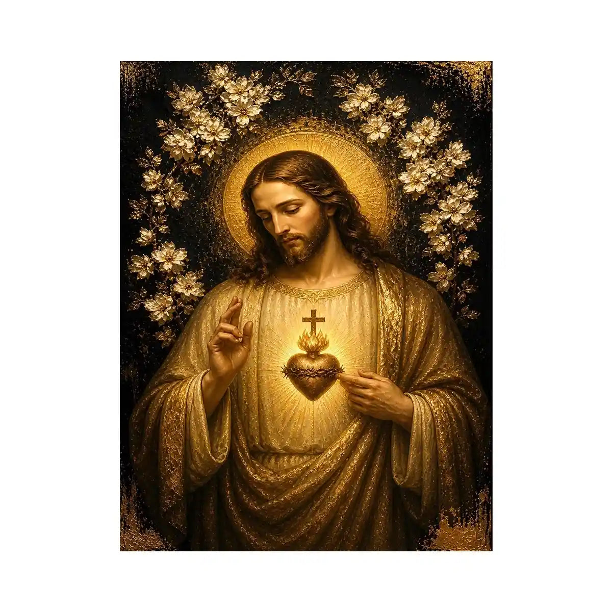Divine Sacred Heart Jesus Canvas Sacred Heart of Jesus wall art with golden halo and floral luxury religious canvas print pre