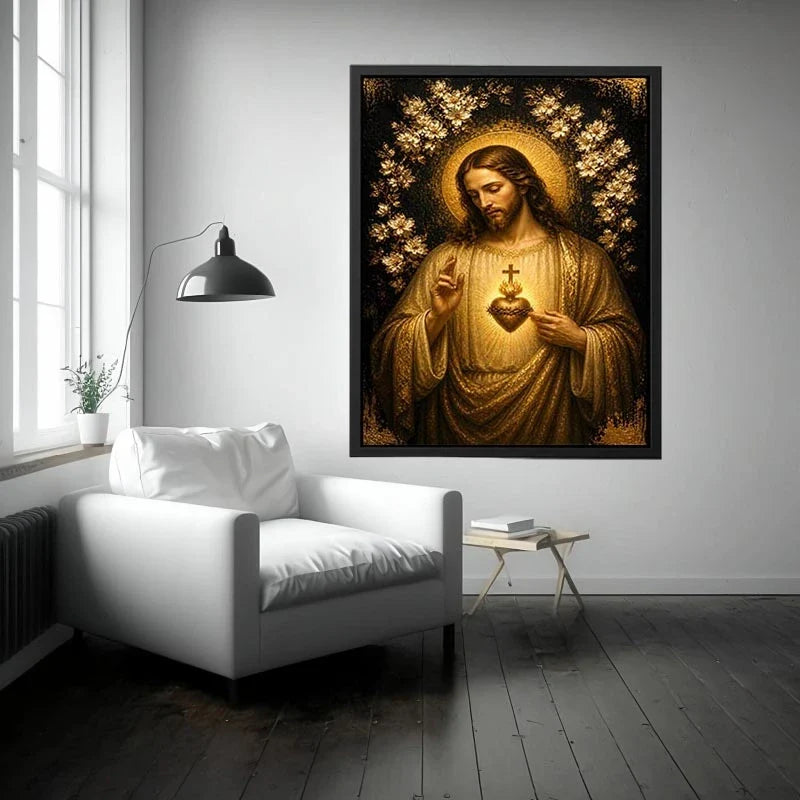 Divine Sacred Heart Jesus Canvas Sacred Heart of Jesus wall art with golden halo and floral luxury religious canvas print pre