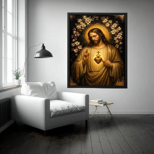 Sacred Heart of Jesus wall art with golden halo and floral luxury religious canvas print