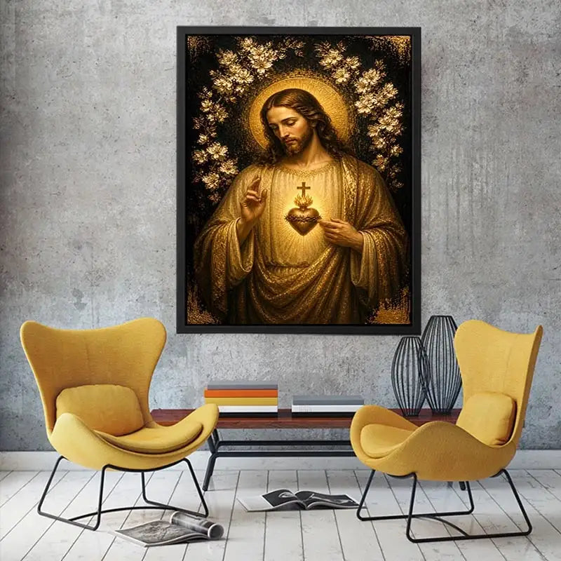 Sacred Heart of Jesus wall art with golden halo and floral luxury religious canvas print