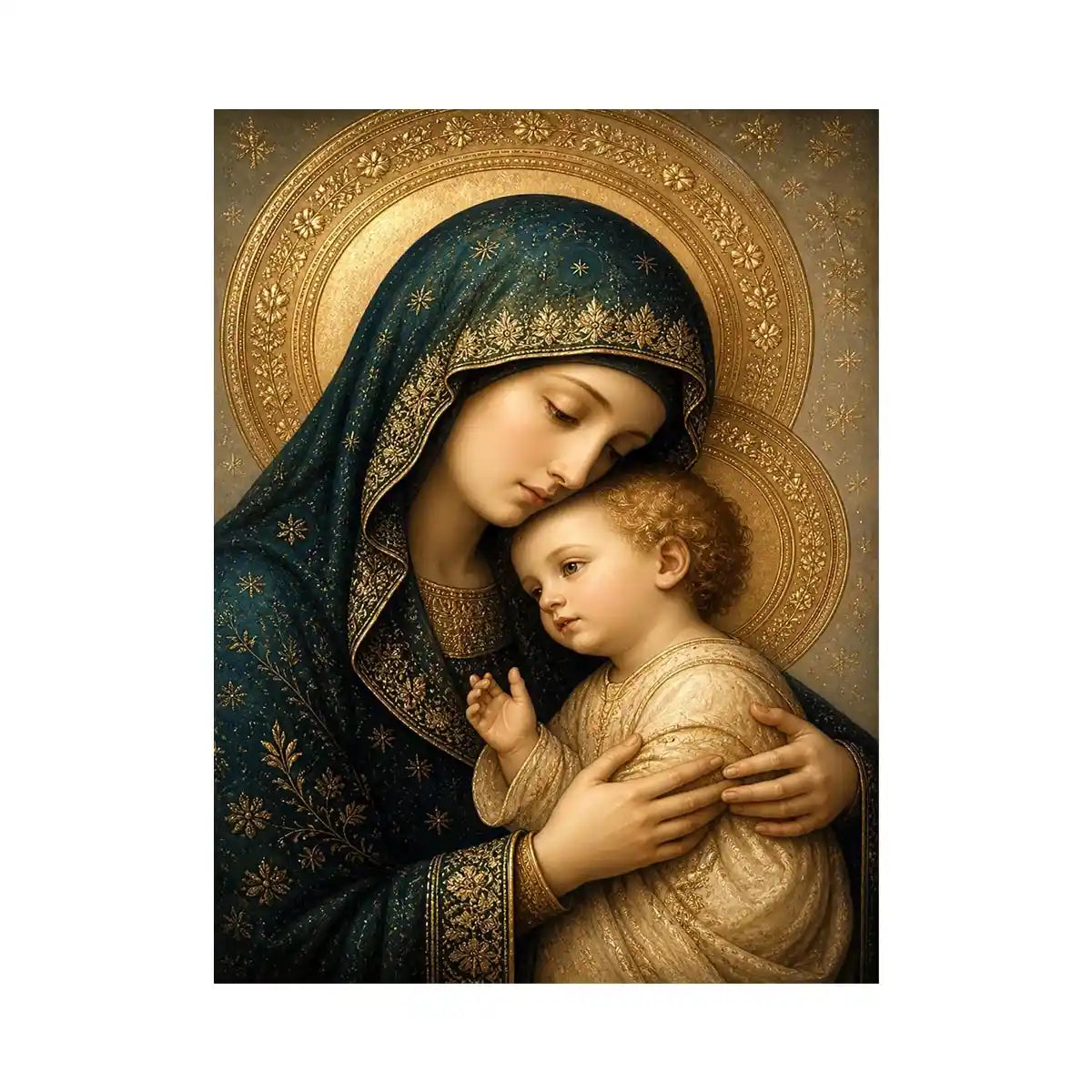 Heavenly Embrace of Grace Virgin Mary and Child luxury religious wall art with gold halo and blue robes, sacred Christian can