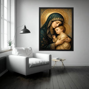 Virgin Mary and Child luxury religious wall art with gold halo and blue robes, sacred Christian canvas painting with Renaissance inspired detailing