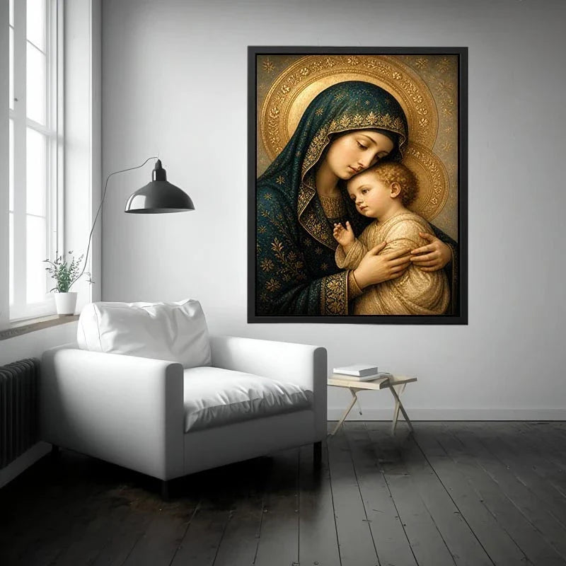 Heavenly Embrace of Grace Virgin Mary and Child luxury religious wall art with gold halo and blue robes, sacred Christian can