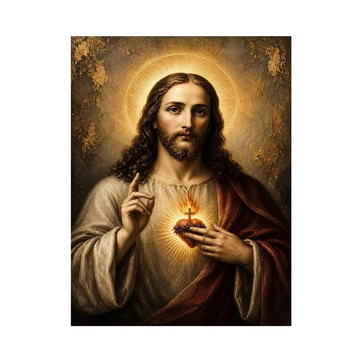 Sacred Heart Eternal Grace Sacred Heart of Jesus luxury Christian canvas wall art with glowing halo, golden divine light, and