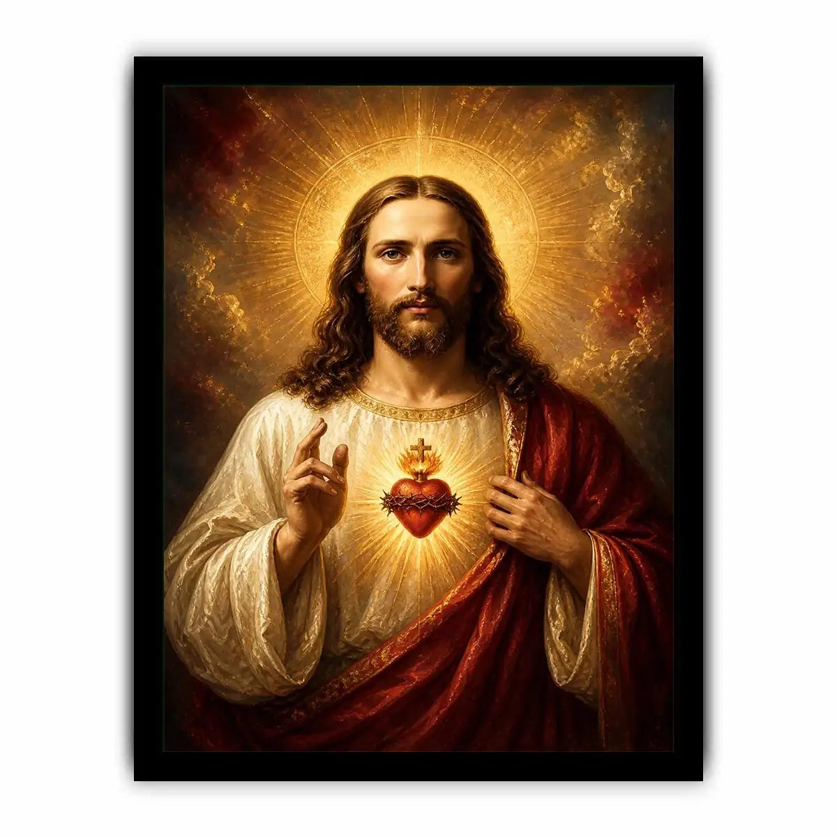 Sacred Heart of Jesus wall art with glowing halo and golden spiritual renaissance painting canvas print