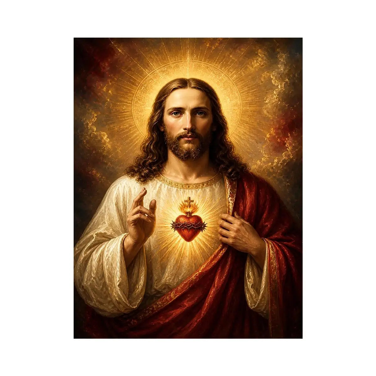 Sacred Heart Divine Light Sacred Heart of Jesus wall art with glowing halo and golden spiritual renaissance painting canvas p