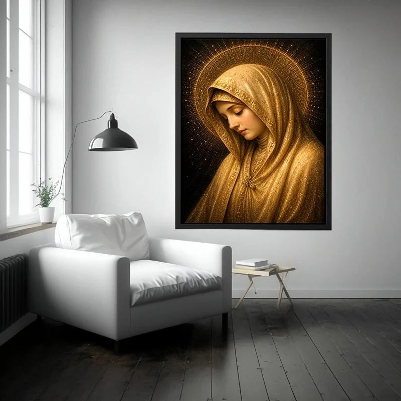 Golden Grace Madonna Golden Virgin Mary wall art with radiant halo luxury renaissance religious canvas print premium canvas w