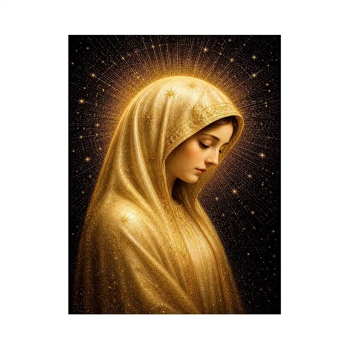 Celestial Madonna Glow Virgin Mary celestial wall art with glowing golden halo luxury religious canvas print premium canvas w