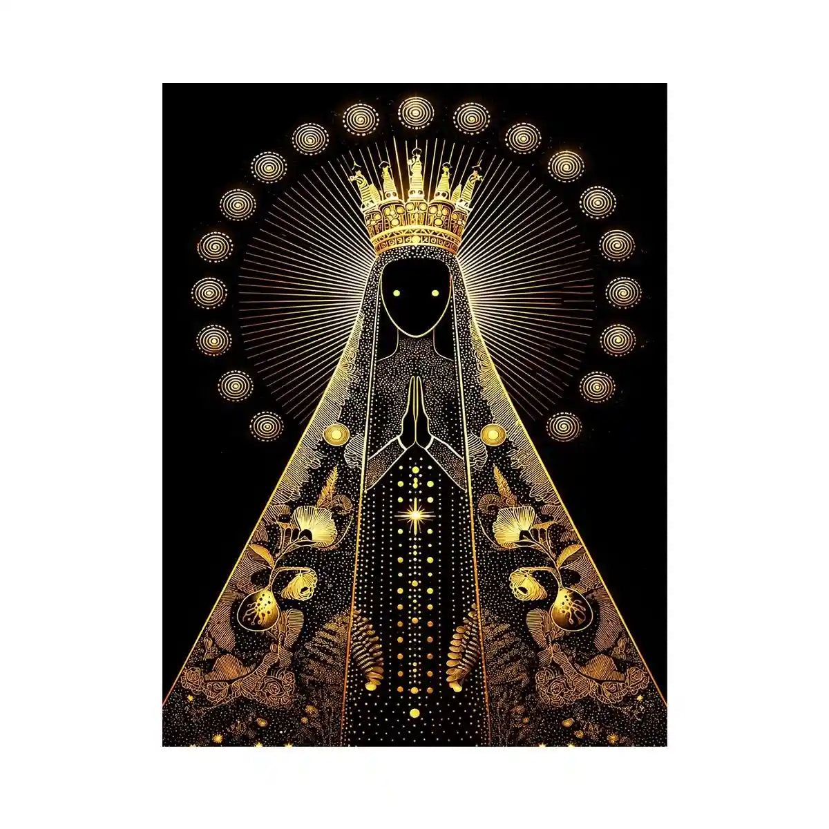 Celestial Queen of Grace Black and gold Virgin Mary celestial wall art with radiant halo and sacred luxury religious illustra
