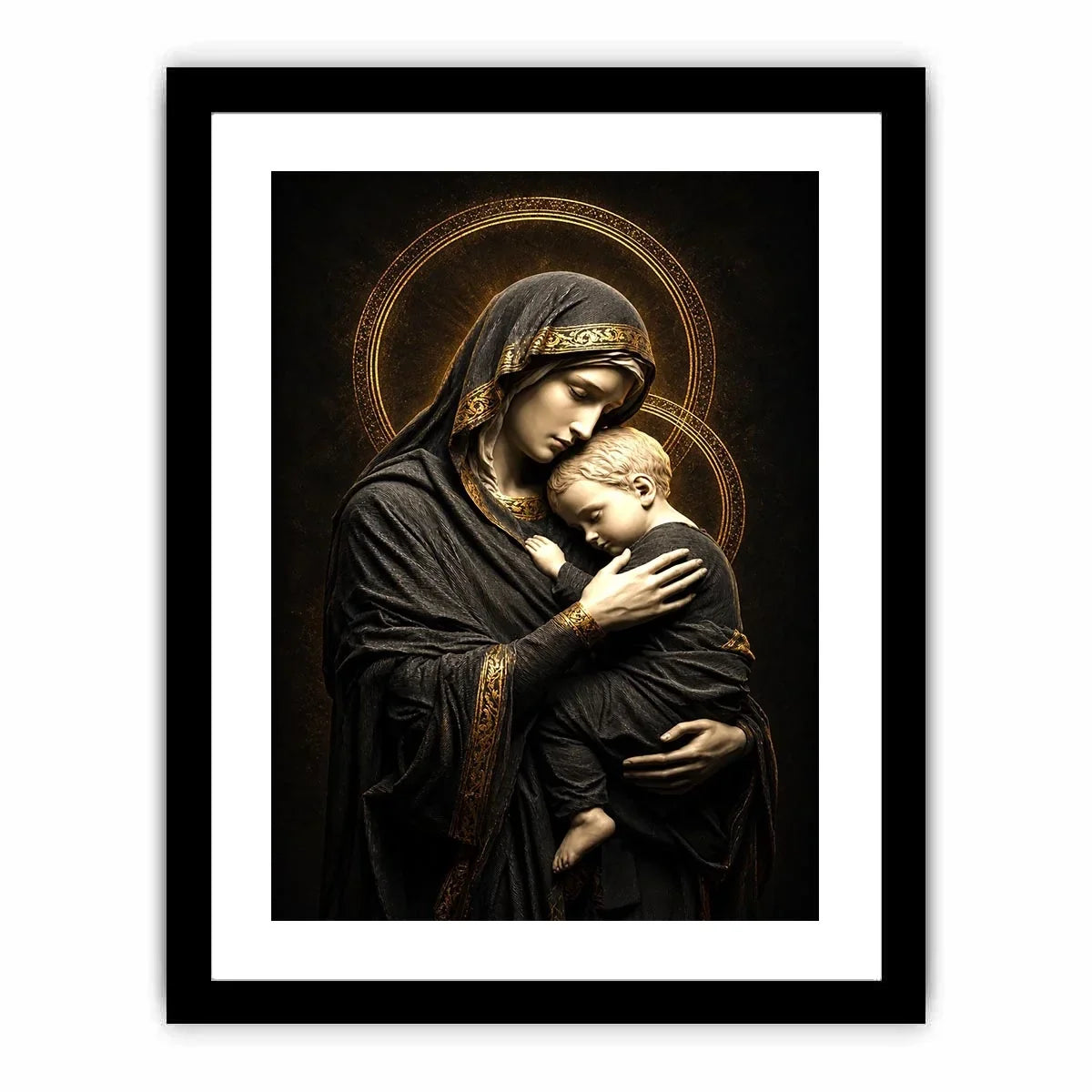 Black and gold Madonna and Child wall art with celestial halo luxury religious canvas print