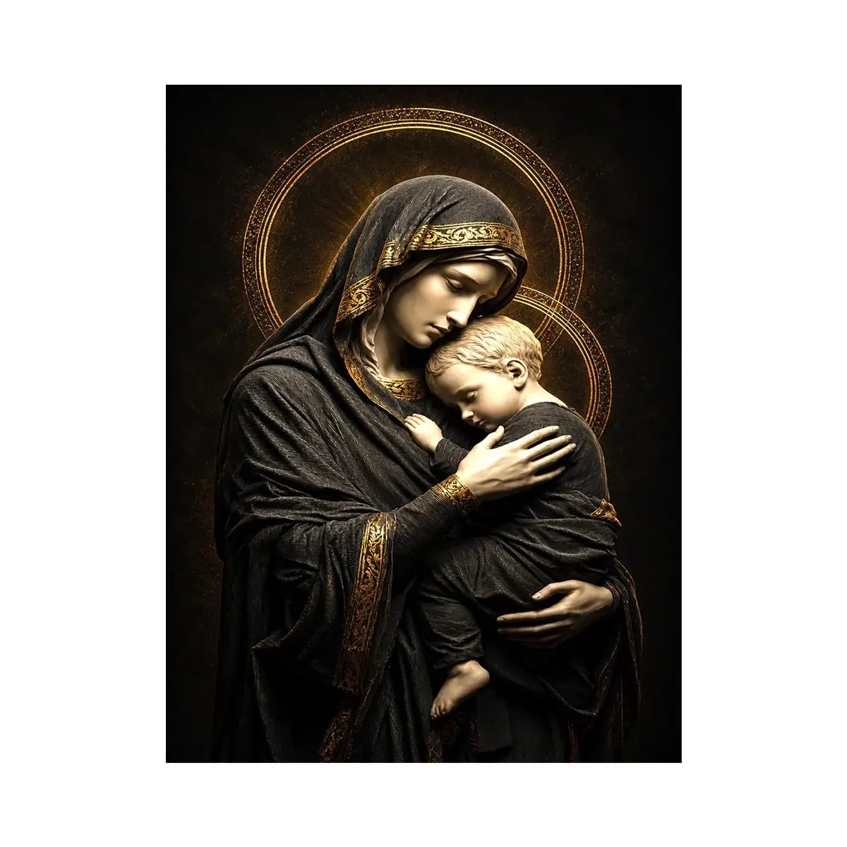 Sacred Embrace of Grace Black and gold Madonna and Child wall art with celestial halo luxury religious canvas print premium c