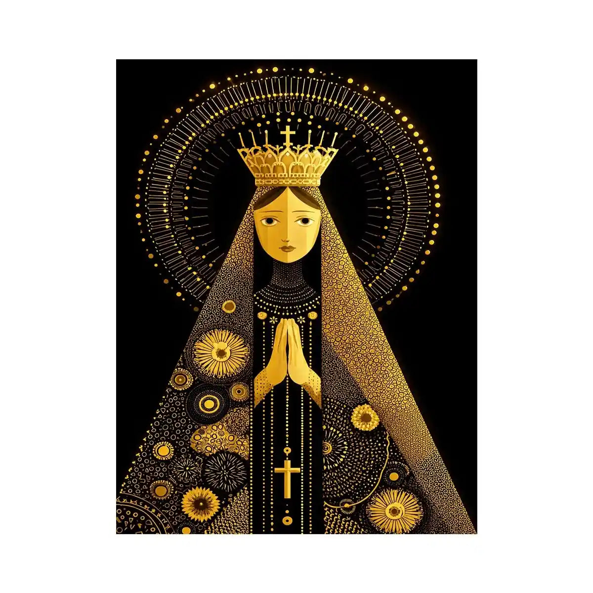 Golden Madonna of Light Black and gold Madonna wall art with celestial halo and crown minimalist religious canvas print premi
