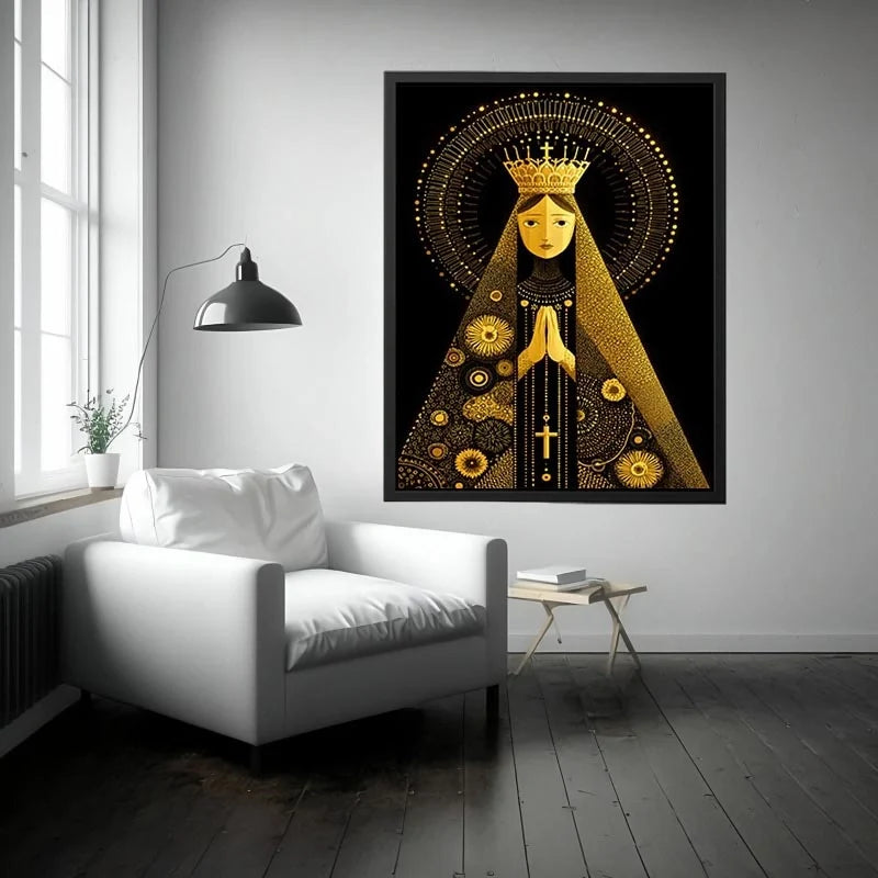 Golden Madonna of Light Black and gold Madonna wall art with celestial halo and crown minimalist religious canvas print premi