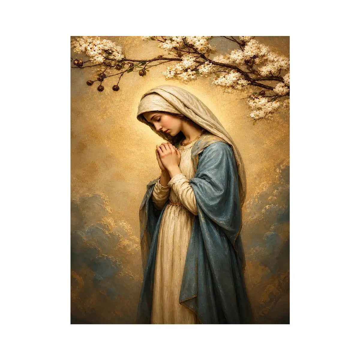 Blossoms of Divine Grace Virgin Mary praying wall art with blossoms and golden halo luxury religious canvas print premium can