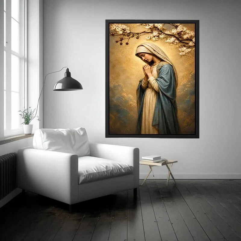 Blossoms of Divine Grace Virgin Mary praying wall art with blossoms and golden halo luxury religious canvas print premium can
