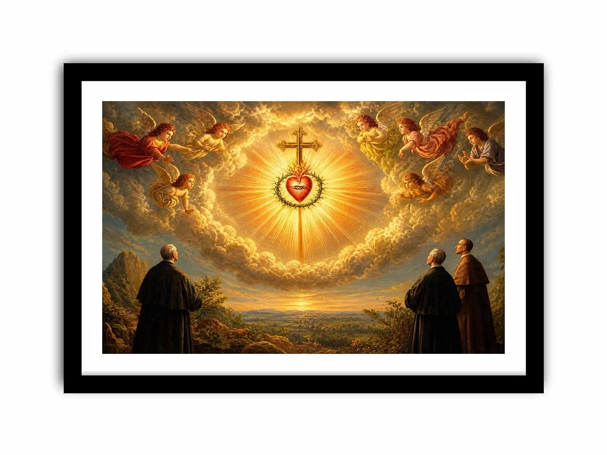 Sacred Heart of Jesus wall art with angels, radiant golden cross, and heavenly clouds in renaissance style canvas print