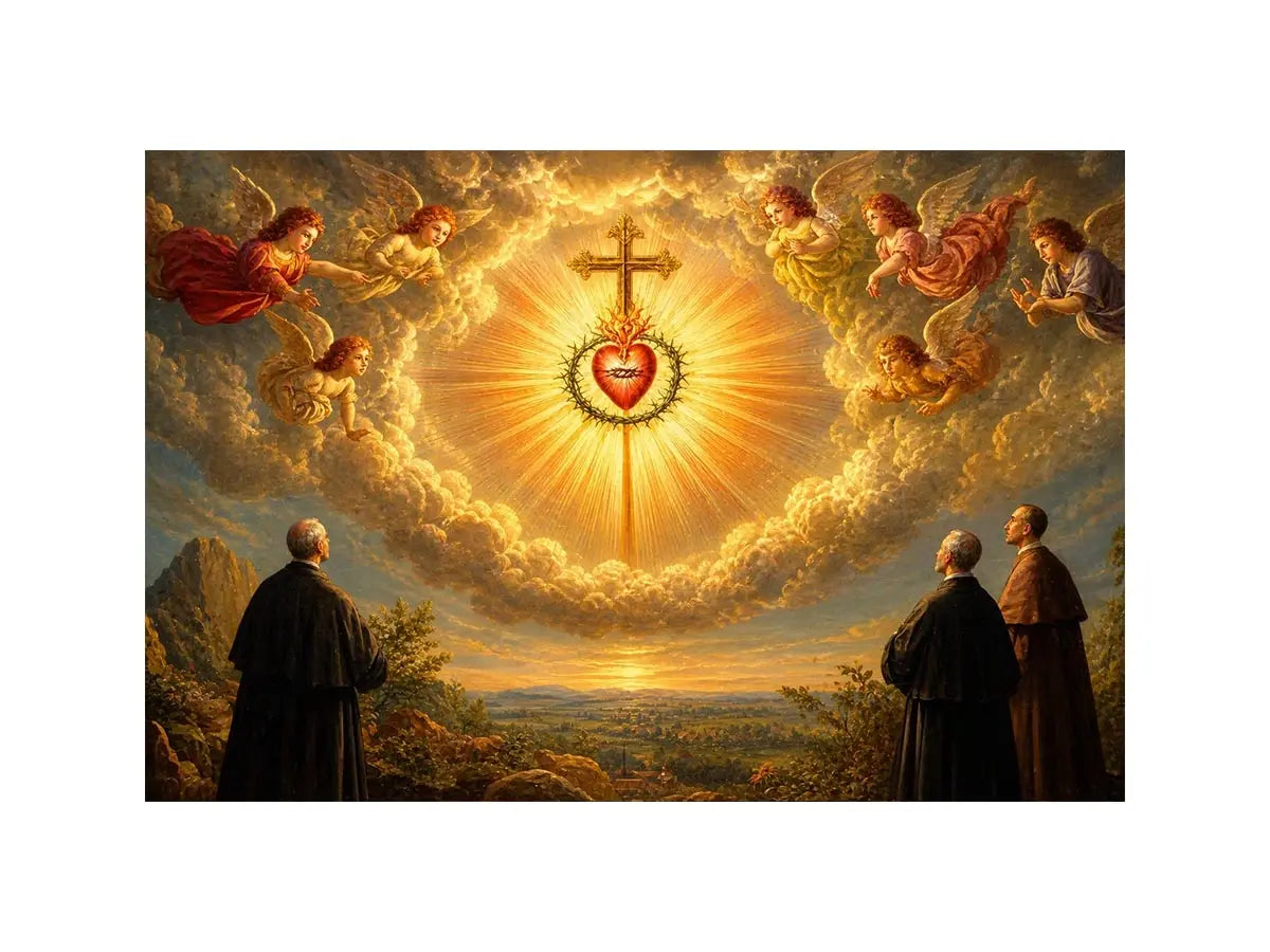 Sacred Heart Divine Glory Canvas Sacred Heart of Jesus wall art with angels, radiant golden cross, and heavenly clouds in ren