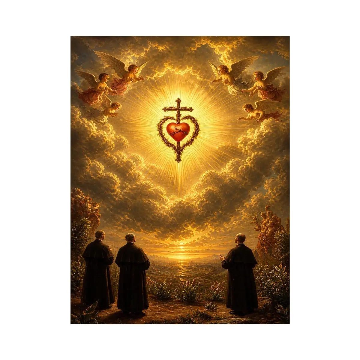 Heavenly Sacred Heart Ascension Sacred Heart of Jesus wall art with angels, glowing golden clouds, radiant cross, and heavenl