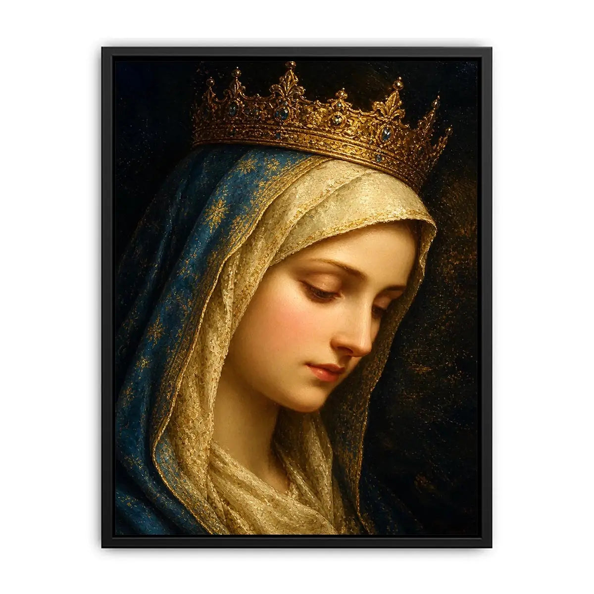 Virgin Mary portrait wall art with golden crown and blue veil in renaissance religious canvas style