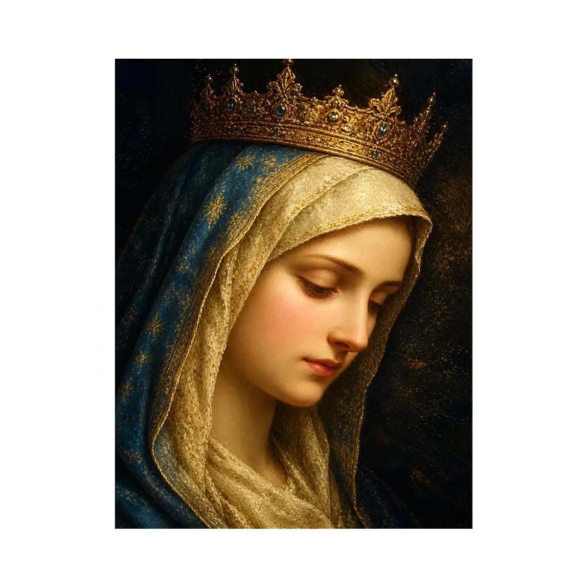 Queen of Heaven Grace Portrait Virgin Mary portrait wall art with golden crown and blue veil in renaissance religious canvas