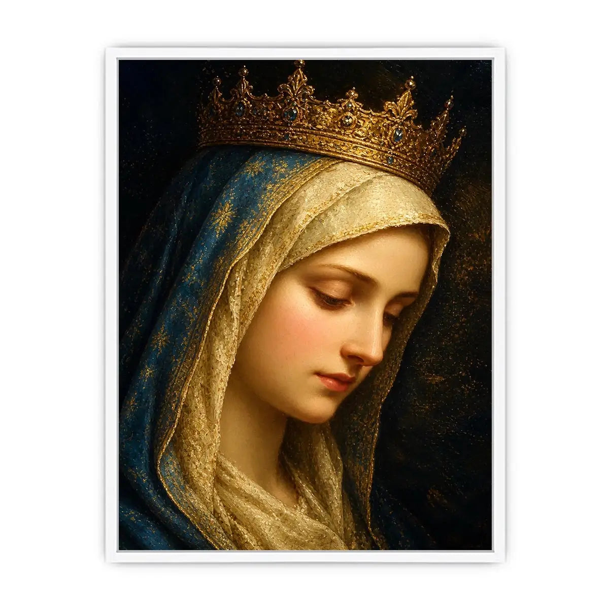 Virgin Mary portrait wall art with golden crown and blue veil in renaissance religious canvas style
