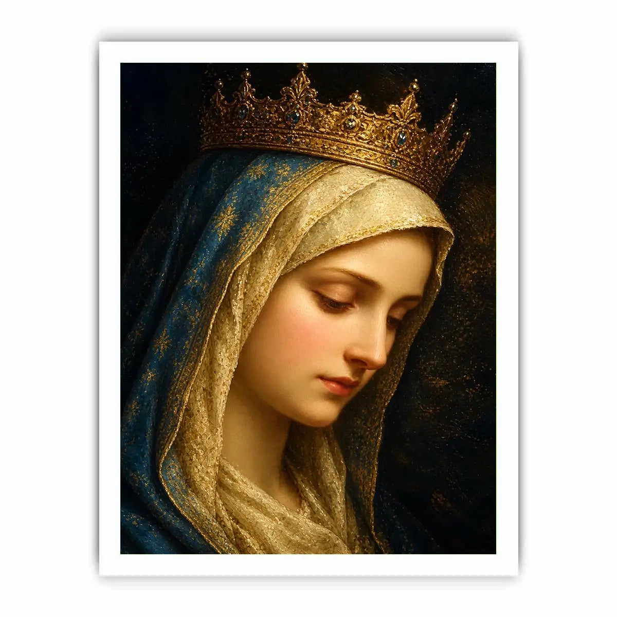 Virgin Mary portrait wall art with golden crown and blue veil in renaissance religious canvas style