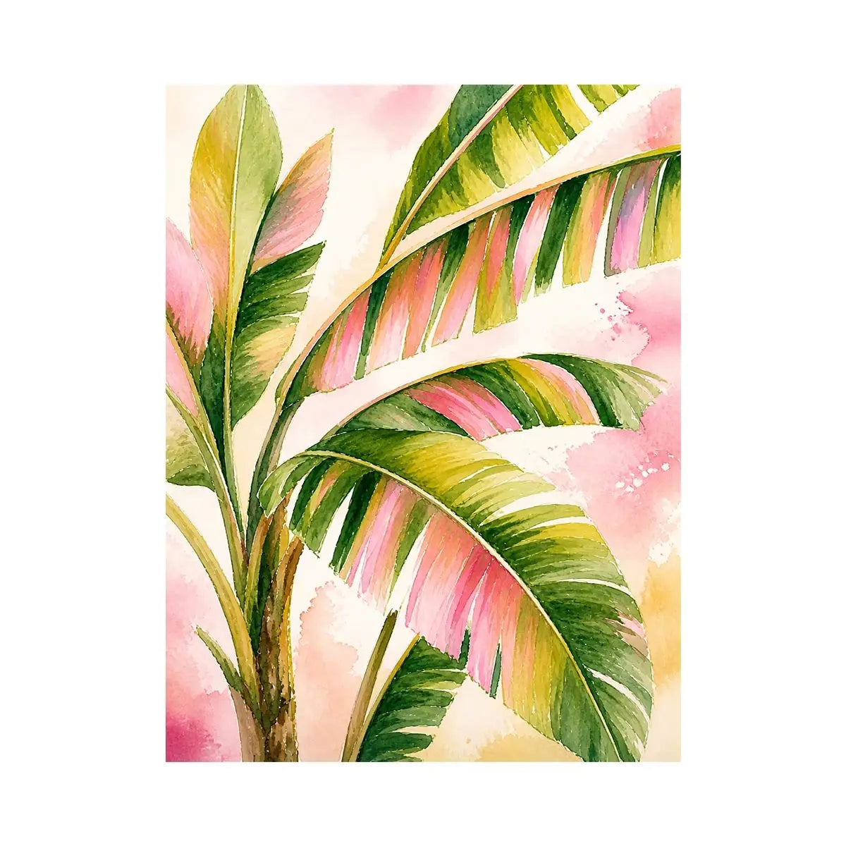 Blush Tropical Paradise Leaves Tropical banana leaf watercolor wall art in blush pink and green botanical canvas print premiu