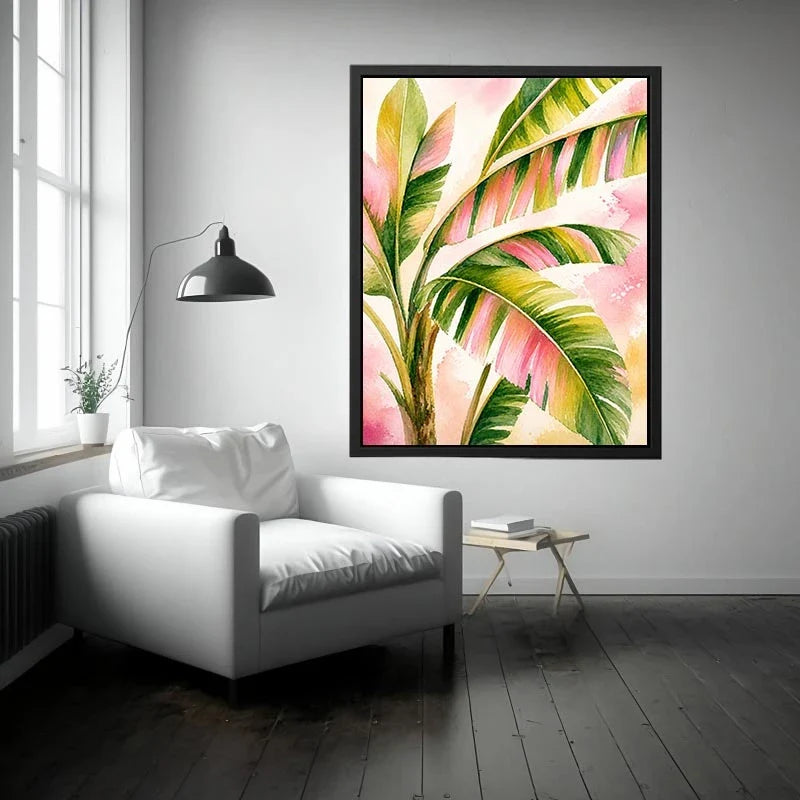 Blush Tropical Paradise Leaves Tropical banana leaf watercolor wall art in blush pink and green botanical canvas print premiu