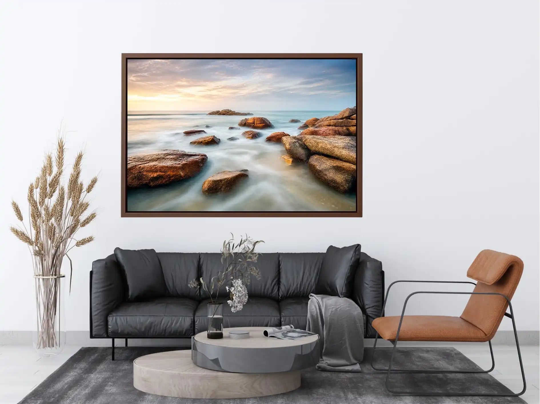 Ocean Whisper Horizon Serene coastal landscape wall art featuring smooth ocean waves, natural shoreline rocks, pastel sunrise