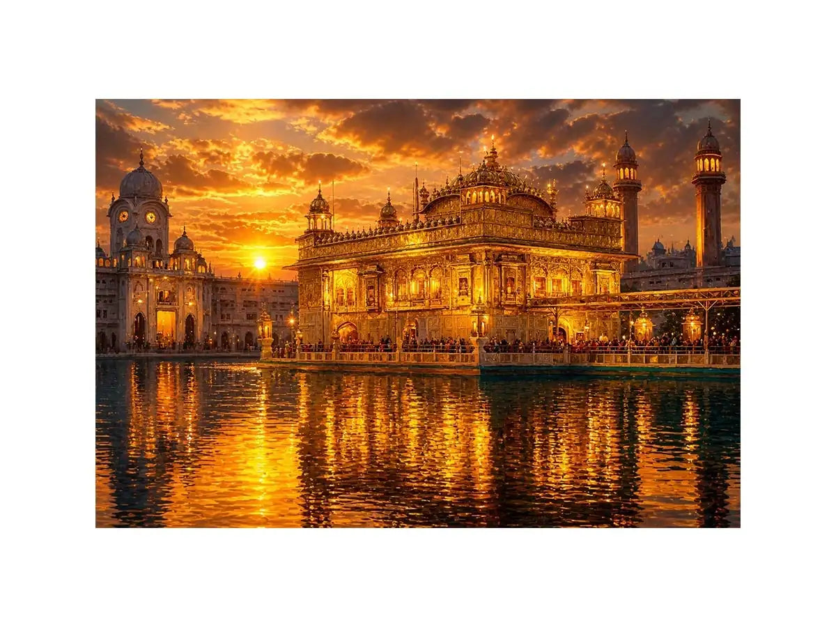 Golden Temple Eternal Glow Golden Temple wall art featuring illuminated sacred Sikh architecture, glowing sunset sky, reflect