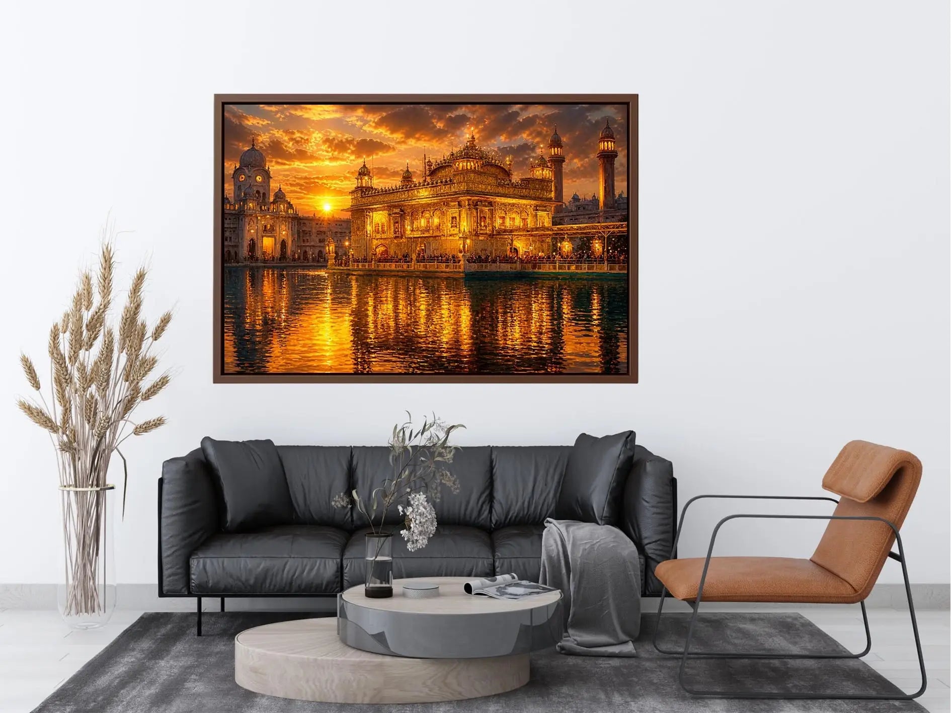 Golden Temple Eternal Glow Golden Temple wall art featuring illuminated sacred Sikh architecture, glowing sunset sky, reflect