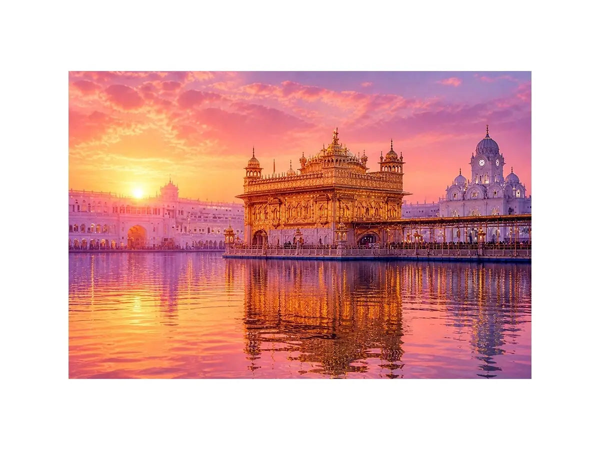 Golden Temple Divine Sunrise Golden Temple sunrise wall art featuring glowing Sikh architecture, reflective water, pastel pin