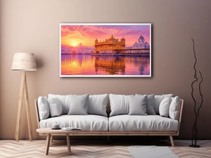 Golden Temple sunrise wall art featuring glowing Sikh architecture, reflective water, pastel pink sky, and luxury spiritual landscape photography for elegant interiors