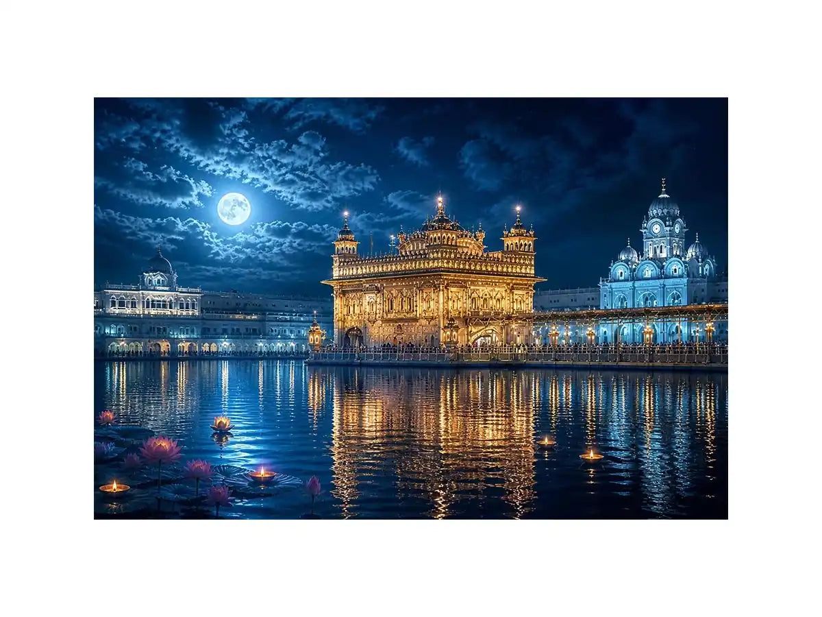 Golden Temple Moonlight Serenity Golden Temple moonlight wall art with illuminated Harmandir Sahib reflection under full moon