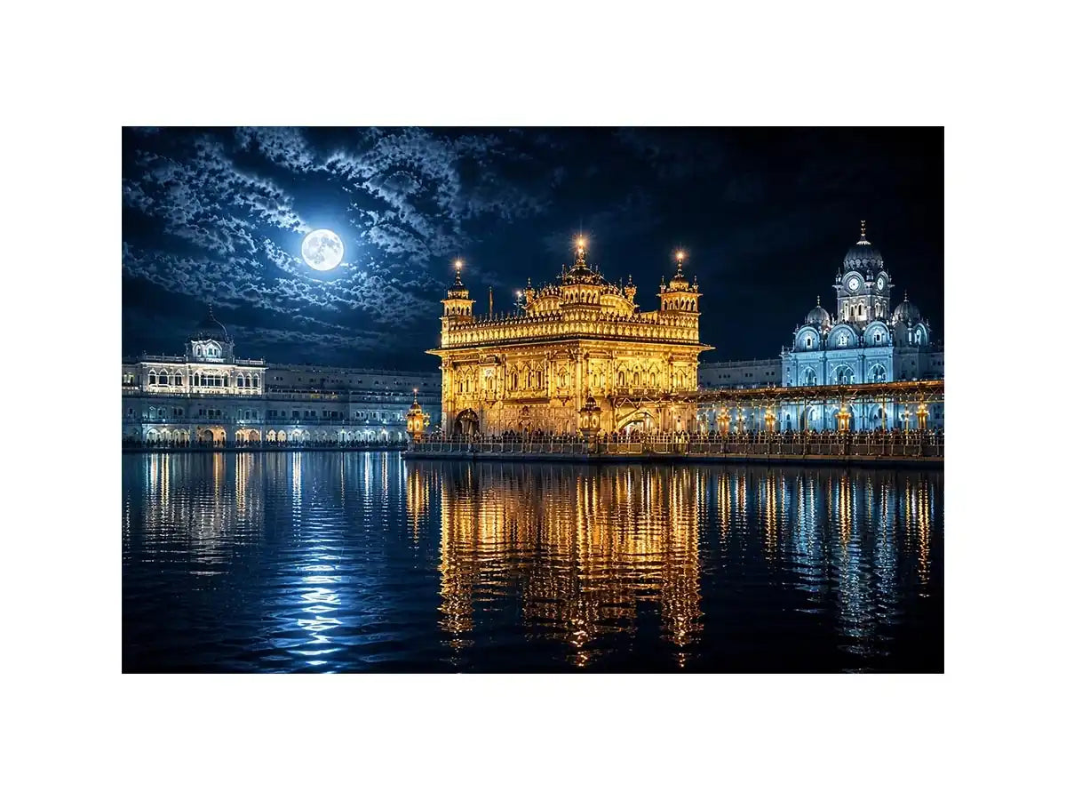 Moonlit Golden Temple Reflections Moonlit Golden Temple wall art with glowing Harmandir Sahib reflections under full moon lux