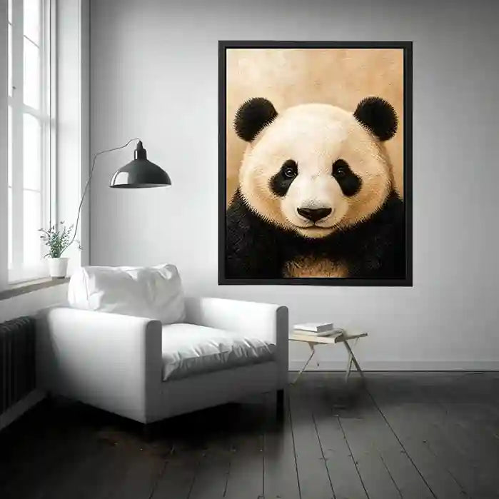 Golden Panda Serenity Cute panda portrait wall art canvas print with textured neutral modern animal artwork for serene luxury