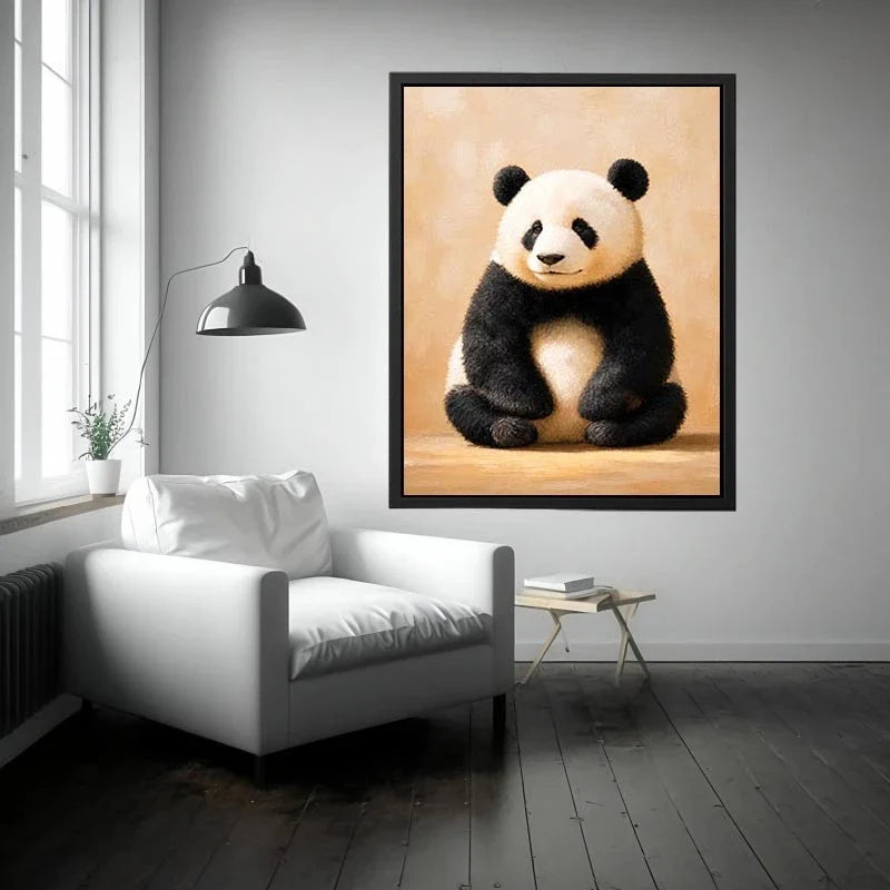 Gentle Panda Harmony Cute panda wall art canvas print with neutral beige tones and minimalist wildlife painting for cozy mode