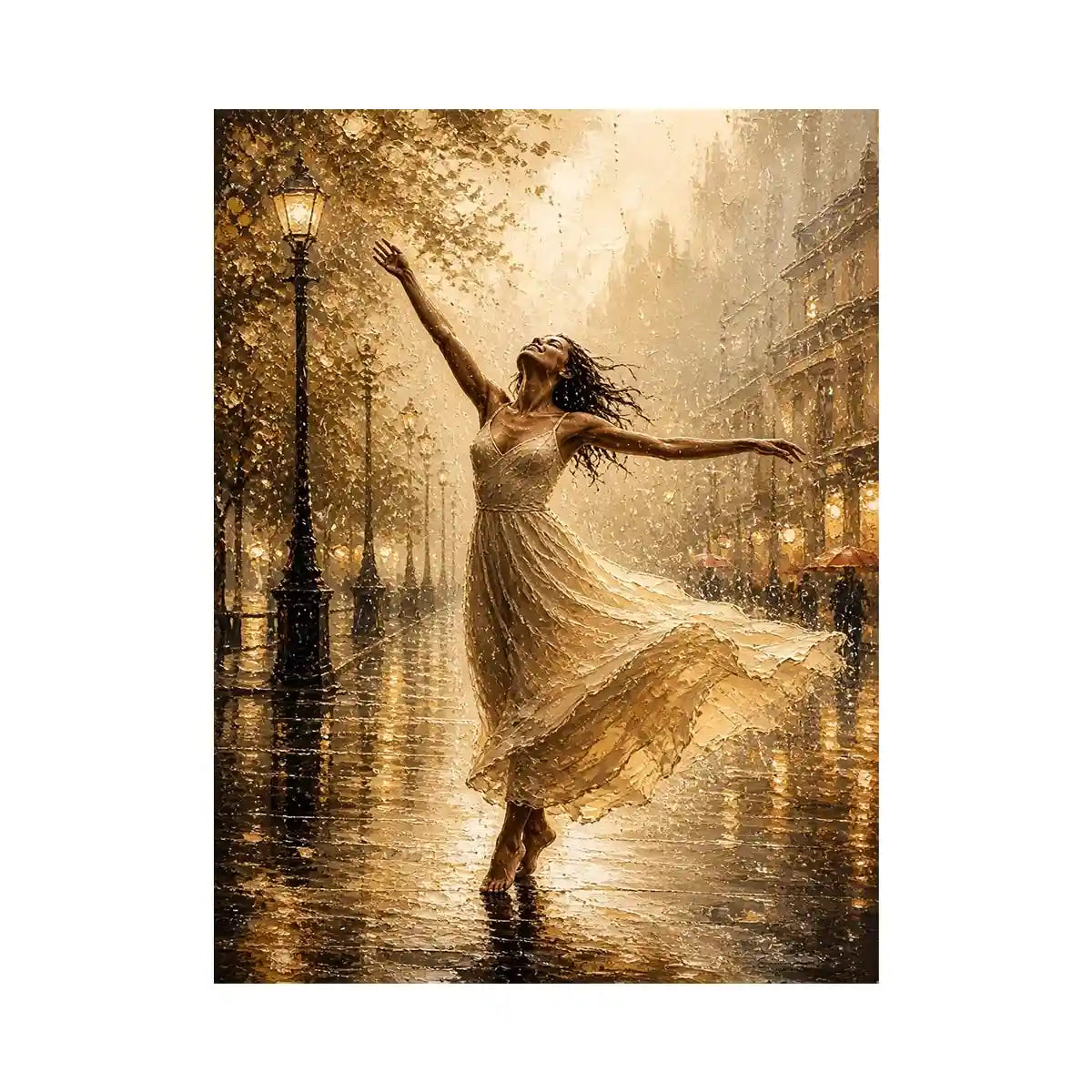 Golden Rain Ballet Elegant dancing woman wall art canvas print with golden rain city scene and romantic impressionist decor p
