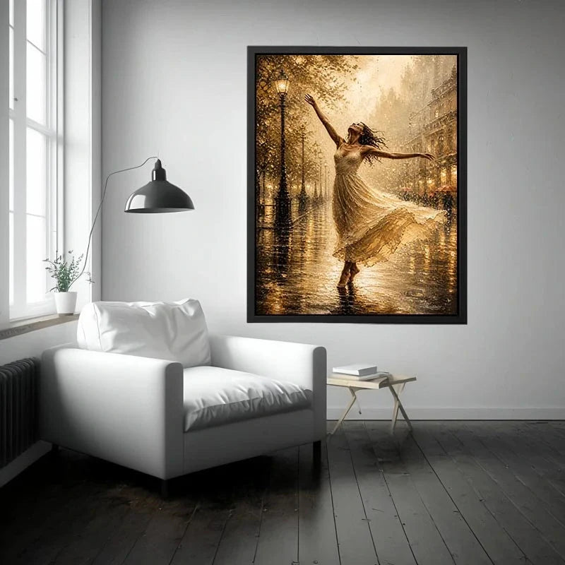 Golden Rain Ballet Elegant dancing woman wall art canvas print with golden rain city scene and romantic impressionist decor p