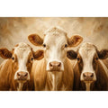 Three cow portrait wall art in warm neutral farmhouse style with textured oil painting effect and rustic contemporary canvas decor