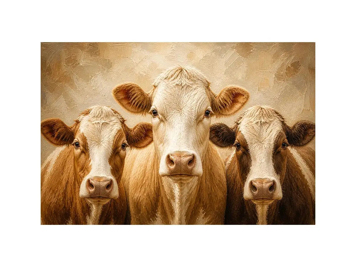 Golden Pasture Trio Three cow portrait wall art in warm neutral farmhouse style with textured oil painting effect and rustic