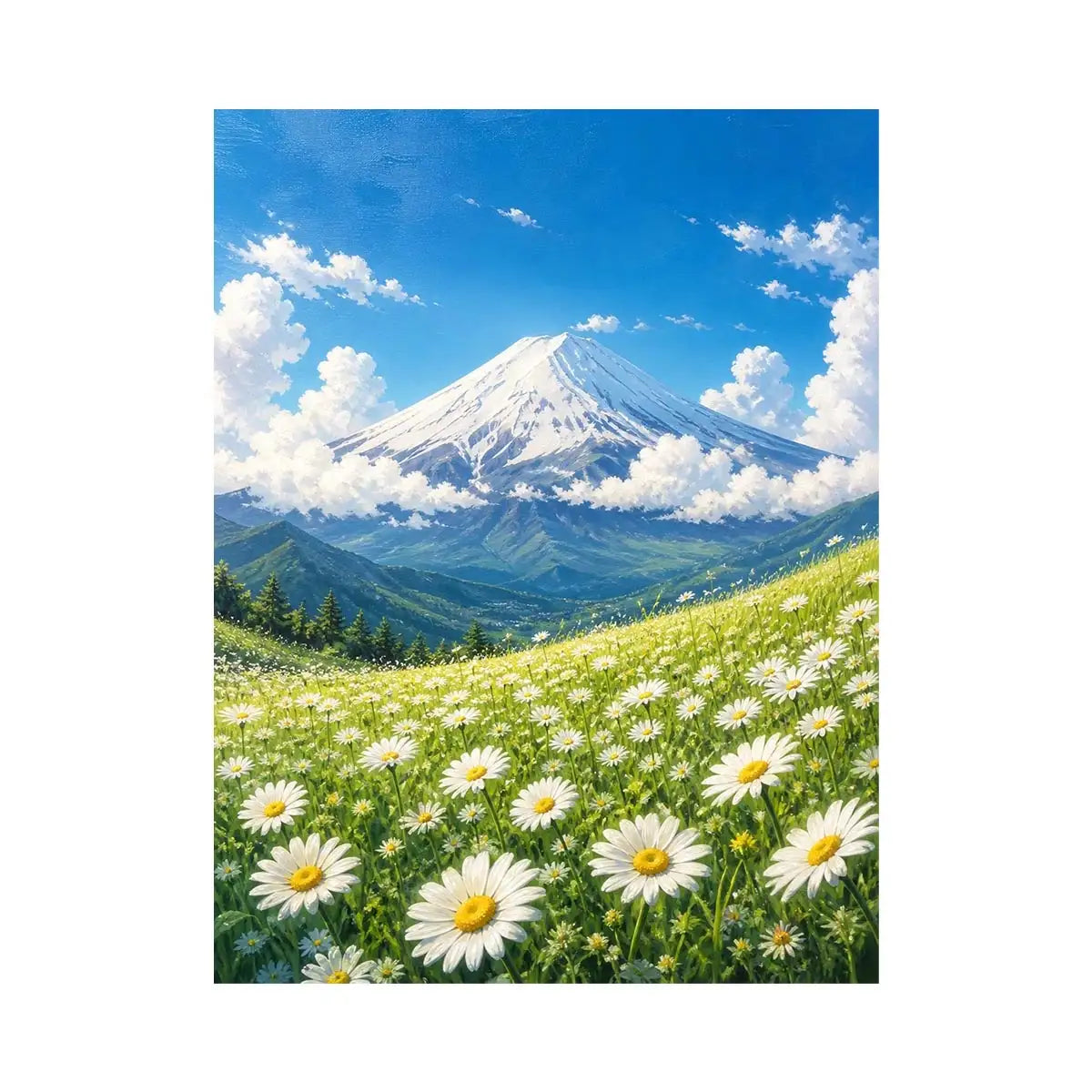 Eternal Bloom Fuji Mount Fuji landscape wall art with blooming daisy meadow blue sky and snow mountain in serene Japandi pain