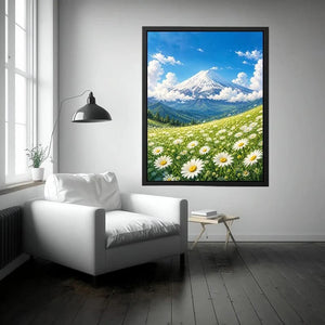 Mount Fuji landscape wall art with blooming daisy meadow blue sky and snow mountain in serene Japandi painting style