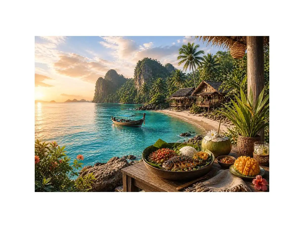 Tropical Paradise Escape Tropical beach paradise wall art with turquoise ocean, island huts, palm trees, boat and sunset coas