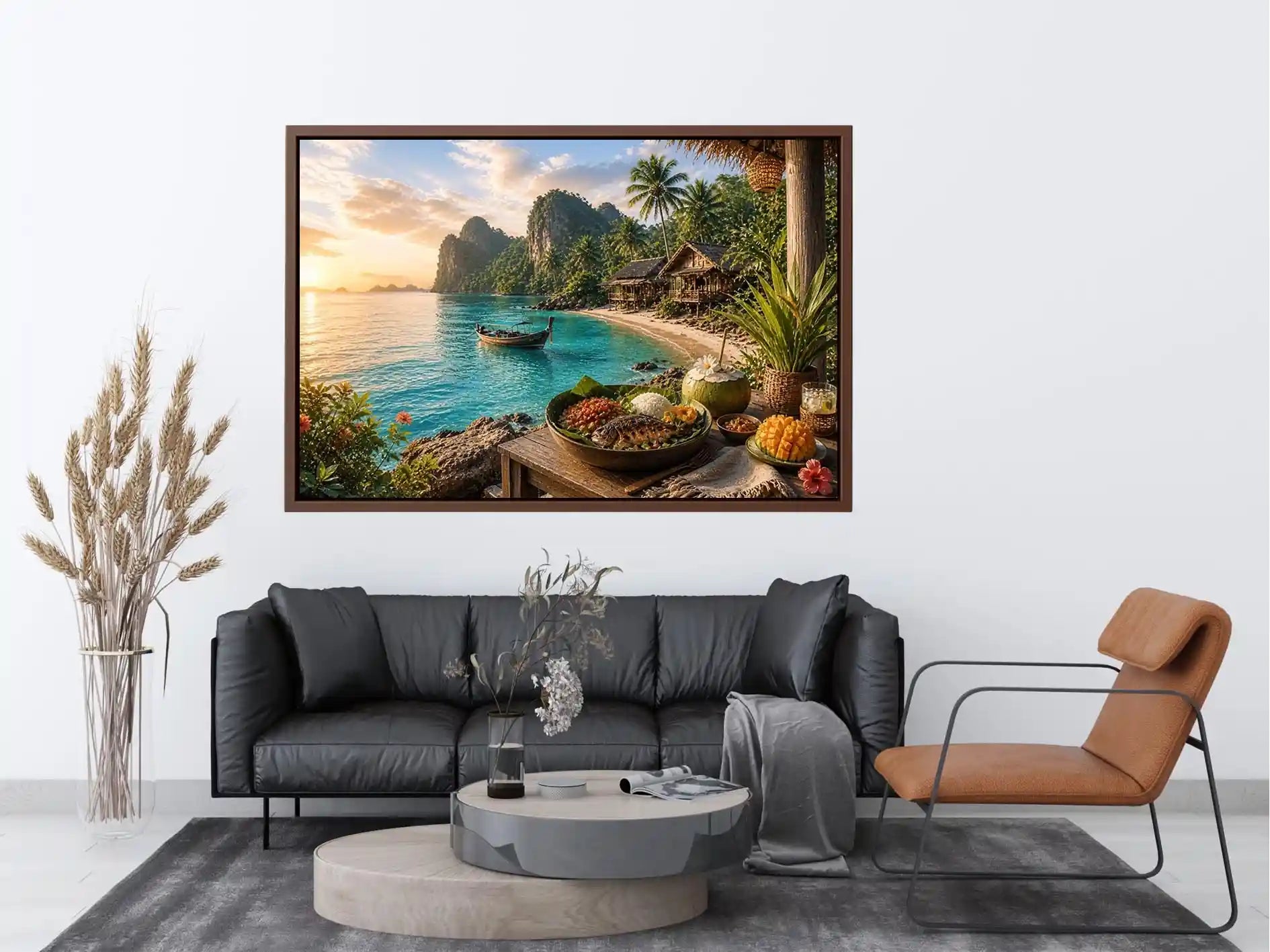 Tropical Paradise Escape Tropical beach paradise wall art with turquoise ocean, island huts, palm trees, boat and sunset coas